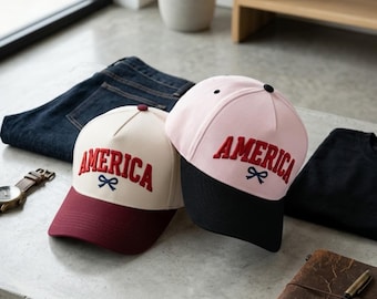 America Bow Hat, Embroidered Patriotic Baseball Cap, Two Tone Coquette Dad Hat, Fourth of July Gift for Her