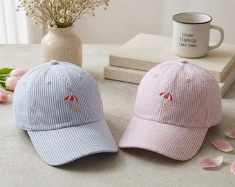 Beach Umbrella Embroidered Seersucker Cap, Coastal Striped Baseball Hat, Preppy Summer Beach Cap, Pink Blue Vacation Gift for Her