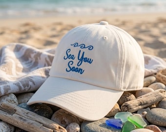 Sea You Soon Hat | Beach Lover Embroidered Cap | Coastal Vacation Baseball Hat | Ocean Inspired Summer Hat | Custom Thread Color