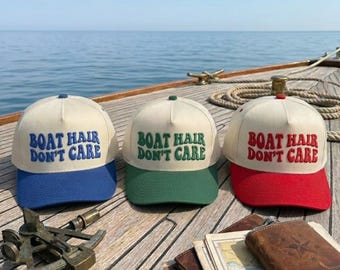 Boat Hair Don’t Care 3D Embroidered Hat, Funny Boat Dad Cap, Cotton Kaki Baseball Cap, Lake Day Gift