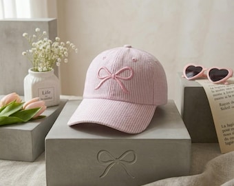 Embroidered Bow Seersucker Cap, Coquette Striped Baseball Hat, Preppy Summer Dad Cap, Pink Blue Adjustable Hat, Gift for Her