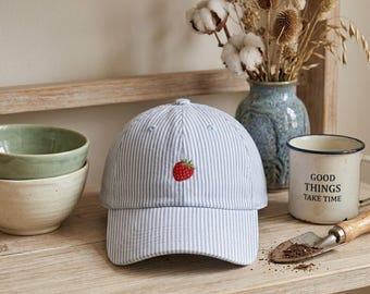 Strawberry Embroidered Seersucker Cap, Preppy Striped Baseball Hat, Cute Fruit Dad Cap, Pink Blue Summer Hat, Gift for Her