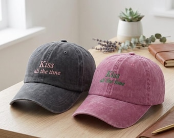 Kiss All The Time Hat, Embroidered Couple Baseball Cap, Vintage Washed Dad Hat, Romantic Matching Cap, Anniversary Gift