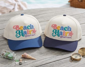 Beach Hair Don’t Care 3D Embroidered Two Tone Hat, Beach Baseball Cap, Summer Vacation Hat, Colorful Beach Cap, Coastal Gift Hat