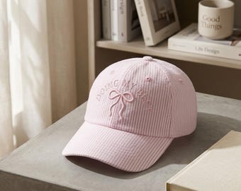 Doing My Best Hat, Embroidered Bow Seersucker Cap, Coquette Striped Baseball Hat, Preppy Summer Gift for Her