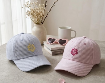 Hibiscus Embroidered Seersucker Cap, Tropical Flower Baseball Hat, Preppy Striped Summer Cap, Pink Blue Beach Gift for Her