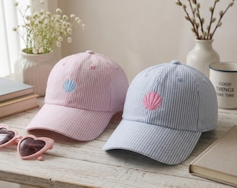 Seashell Embroidered Seersucker Cap, Coastal Striped Baseball Hat, Preppy Beach Summer Cap, Pink Blue Ocean Gift for Her