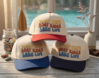 Sunny Days Boat Rides Lake Life 3D Embroidered Two Tone Hat, Lake Baseball Cap, Boat Day Hat, Summer Vacation Cap, Lake Gift