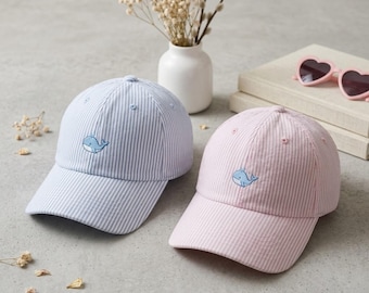 Whale Embroidered Seersucker Cap, Preppy Striped Baseball Hat, Coastal Summer Dad Cap, Pink Blue Beach Hat, Gift for Her