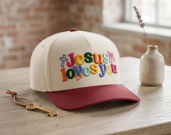 Jesus Loves You 3D Embroidered Two Tone Hat, Christian Baseball Cap, Faith Hat for Women, Colorful Jesus Hat, Religious Gift Cap