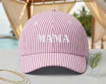MAMA Embroidered Seersucker Ball Cap | Pink Striped Mom Baseball Hat | Lightweight Summer Dad Hat | Beach Vacation Gift for Mom