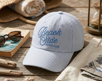 Beach Side Book Club Hat, Embroidered Seersucker Baseball Cap, Preppy Striped Summer Hat, Coastal Reader Gift for Her