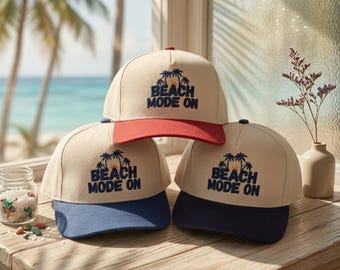 Beach Mode On 3D Embroidered Two Tone Hat, Beach Baseball Cap, Summer Vacation Hat, Palm Tree Cap, Coastal Gift Hat
