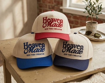 Heaven Made Trucker Hat | Christian Embroidered Cap | Faith Based Baseball Hat | God The Creator Snapback | Religious Gift for Men Women