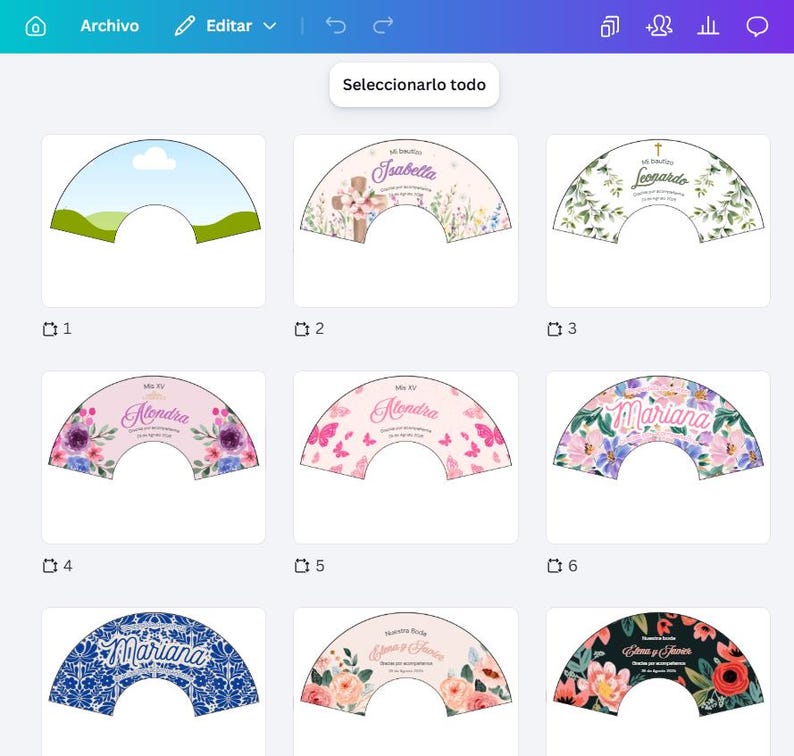Puede incluir: Una colecci&oacute;n de dise&ntilde;os semicirculares, cada uno con un tema &uacute;nico. Algunos dise&ntilde;os incluyen nombres como Isabella, Alondra y Mariana, con motivos florales y de mariposas. Otros tienen texto y elementos decorativos.