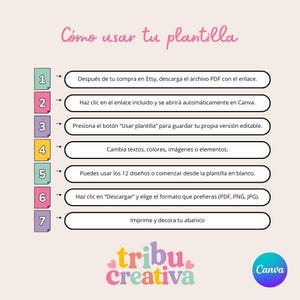 Puede incluir: Gr&aacute;fico rosa claro con instrucciones sobre c&oacute;mo usar una plantilla. El texto incluye pasos como descargar un PDF, hacer clic en un enlace y personalizar el dise&ntilde;o. Tambi&eacute;n son visibles los logotipos de Canva y Tribu Creativa.