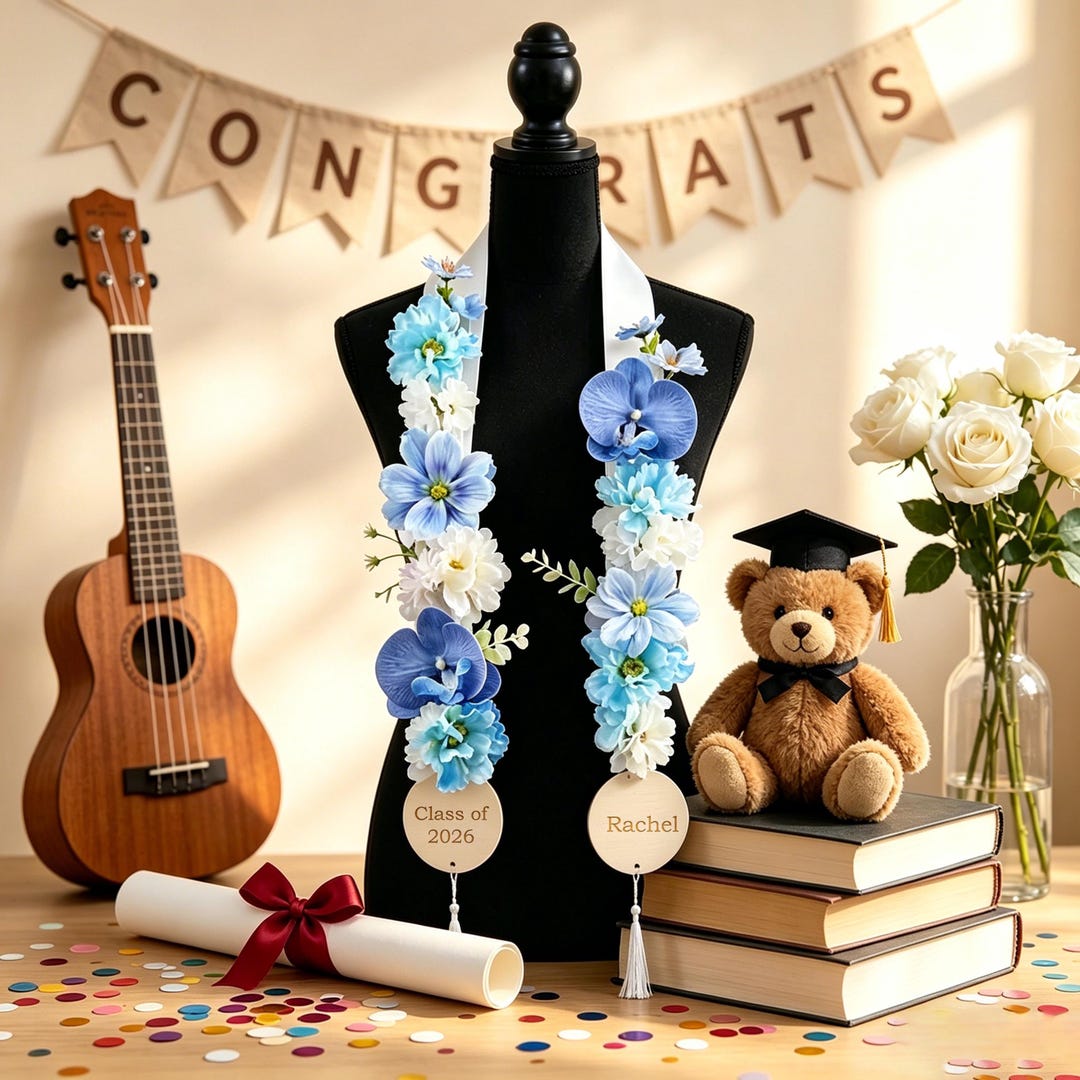 Personalized Floral Graduation Lei Sash, Custom Engraved Tag, Class of ...