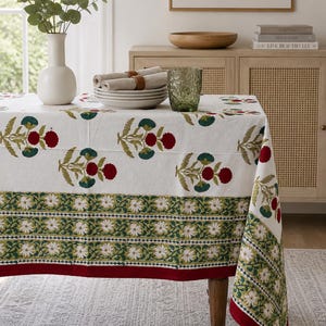 Tovaglia rettangolare con stampa a blocchi, tovaglia in cotone rosso e verde, tovaglia indiana, biancheria da tavola natalizia, arredamento per sala da pranzo in stile rustico
