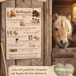 Könnte beinhalten: Ein Holzschild mit dem Text "Stallregeln für Ponyfreunde" und Pony-Illustrationen. Ein hellbraunes Pony blickt aus einem Holzstall. Das Schild zeigt Regeln für die Pony-Pflege.