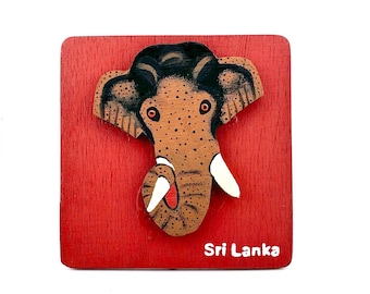 Sri Lankan Elephant Folk Art Plaque | Hand-Painted Wooden Animal Desk Decor