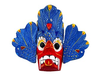 Hand-Carved Sri Lankan Peacock Mask | Traditional Wooden Mayura Raksha Wall Art | Authentic Cultural Dance Mask Collectible Home Decor