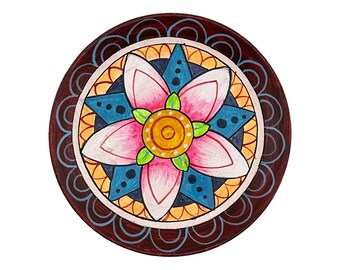 Vibrant Hand Painted Mandala Wooden Plate | Boho Flower Wall Decor | Pink Blue Folk Art Spiritual Home Decor Gift