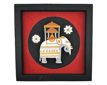 Elephant Wall Art, Hand-Painted Wooden Framed Decor, Ethnic Lucky Elephant, Traditional Boho Home Accent, Housewarming Gift for Her