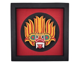 Sri Lankan Sanni Mask Wall Art | Hand Carved Ginisisila Fire Devil Wood Shadow Box | Vibrant Traditional Cultural Home Decor Gift