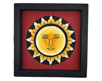 Hand-Painted Sun Face Wall Art | Framed Bohemian Folk Celestial Decor