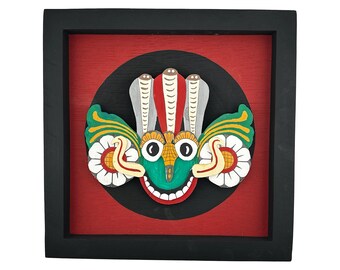 Hand Painted Gara Raksha Mask Wood Wall Art | Sri Lankan Ethnic Folk Decor (Shadow Box)