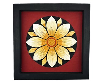 Hand-Carved Wooden Floral Wall Art | Rustic Sunflower Mandala Decor | Framed Bohemian Farmhouse Art | Unique Housewarming Gift