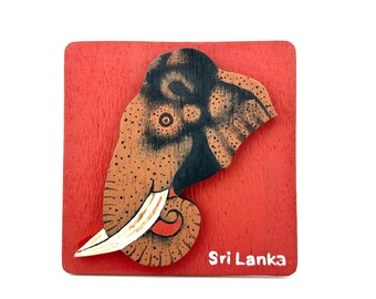 Sri Lankan Elephant Wood Plaque | Hand-Painted Folk Art Rustic Home Decor