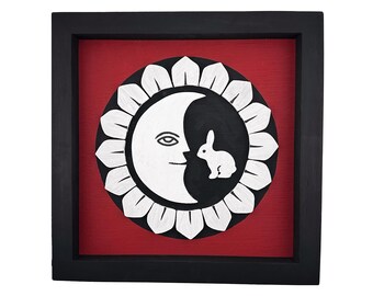 Moon and Rabbit Wood Carving Wall Art | Celestial Folk Art Decor | Whimsical Mystical Hand-Painted Framed Sign Red Black White