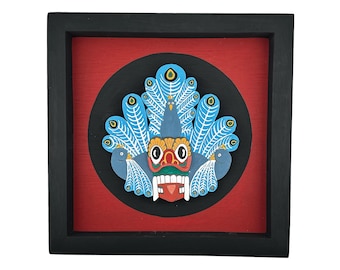 Sri Lankan Wall Art | Hand Painted Peacock Mask Shadow Box | Traditional Folk Art Home Decor | Unique Ethnic Wooden Wall Hanging Gift