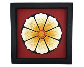 Traditional Lotus Flower Wall Art | Hand-Carved Wood Framed Floral Decor | Red & Gold Ethnic Home Accent | Boho Chakra Mandala Art