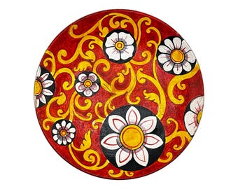 Hand Painted Folk Art Floral Wall Decor Plate | Red Gold Ethnic Charger | Unique Boho Home Decor | Decorative Tray Accent