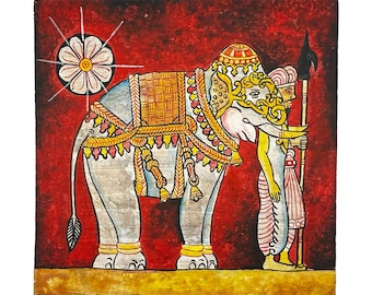 Sri Lankan Elephant Painting with Mahout | Traditional Kandyan Art Wall Decor | Hand-Painted Cultural Animal Artwork Gift