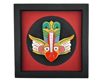 Vibrant Hand-Carved Wooden Mask Wall Art | Ethnic Tribal Folk Art Decor | Colorful Mythical Bird Framed Sculpture | Unique Home Decor