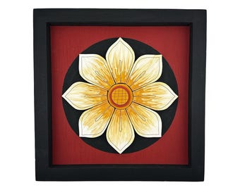 Carved Wood Flower Wall Art | 3D Floral Relief Art | Handcrafted Botanical Home Decor | Framed Yellow Lotus | Boho Living Room Gift