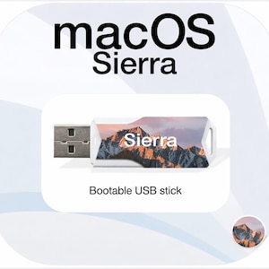 Könnte beinhalten: Ein weißer USB-Stick mit einem Berglandschaftsdesign und dem Wort "Sierra". Der Text "macOS Sierra" befindet sich über dem USB-Stick, und "Bootable USB stick" darunter. Der Hintergrund ist weiß.