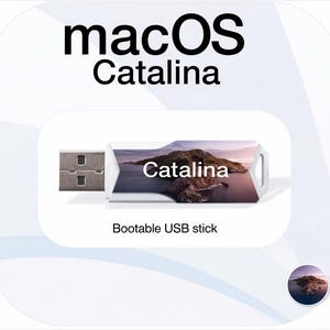 Op de afbeelding: Een witte USB-stick met het woord "Catalina" en een landschapsafbeelding. De tekst "macOS Catalina" staat boven de stick en "Bootable USB stick" eronder. De stick heeft een zilveren USB-connector.