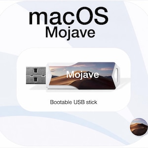Op de afbeelding: Witte USB-stick met het woord "Mojave" erop gedrukt, met een woestijnlandschap. De tekst "Bootable USB stick" staat eronder en het macOS Mojave-logo staat bovenaan.