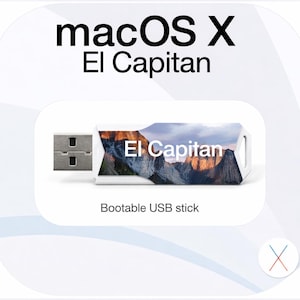 Può includere: Una chiavetta USB bianca con un'immagine di montagne e la scritta "El Capitan". Sono presenti anche le parole "macOS X" e "Bootable USB stick". L'unità ha un connettore USB argentato.