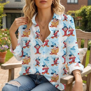 Disney tovenaar Mickey damesshirt, Fantasia Wizard magische blouse, button-down Disney-top met lange mouwen, Mickey Mouse-kleding voor haar