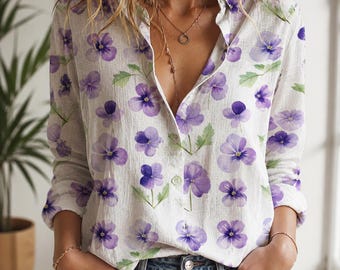 Camicetta con fiori viola, camicia bianca vintage con bottoni, top in lino a maniche lunghe, abbigliamento boho primavera estate, regalo per lei, top casual
