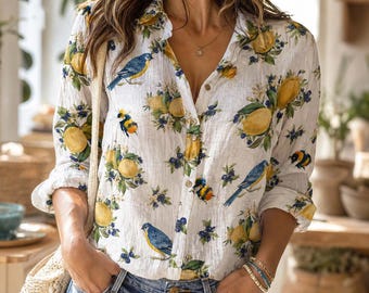 Boho-chic damesshirt, levendige blouse met citroen- en vogelprint, lichtgewicht ademende katoenen top voor elegante casual lente/zomer