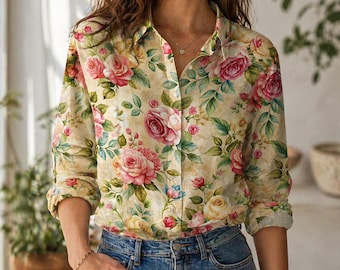 Blusa vintage con estampado de jardín de rosas para mujer, camisa abotonada con estampado floral estilo cottagecore, top romántico de verano.