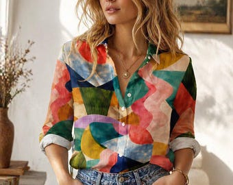 Blusa de mujer con estampado abstracto colorido, camisa artística de manga larga con botones para un estilo casual y elegante - Top con estampado geométrico vibrante