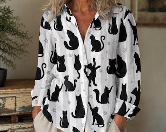Cat Print Blouse, Long Sleeve Cat Button Down Shirt, Casual Women’s Pet Lover Apparel, Minimalist Cat Shirt, Birthday Gift for Her