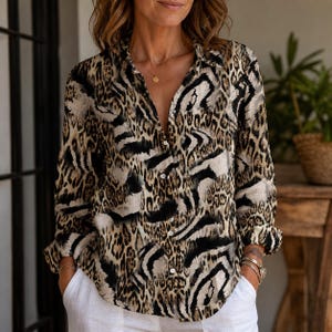 Leopard Women Blouse Shirt, Animal Print Button Down Shirt, Long Sleeve Safari Style Top, Casual V-Neck Work Shirt, Wild Blouse 2026